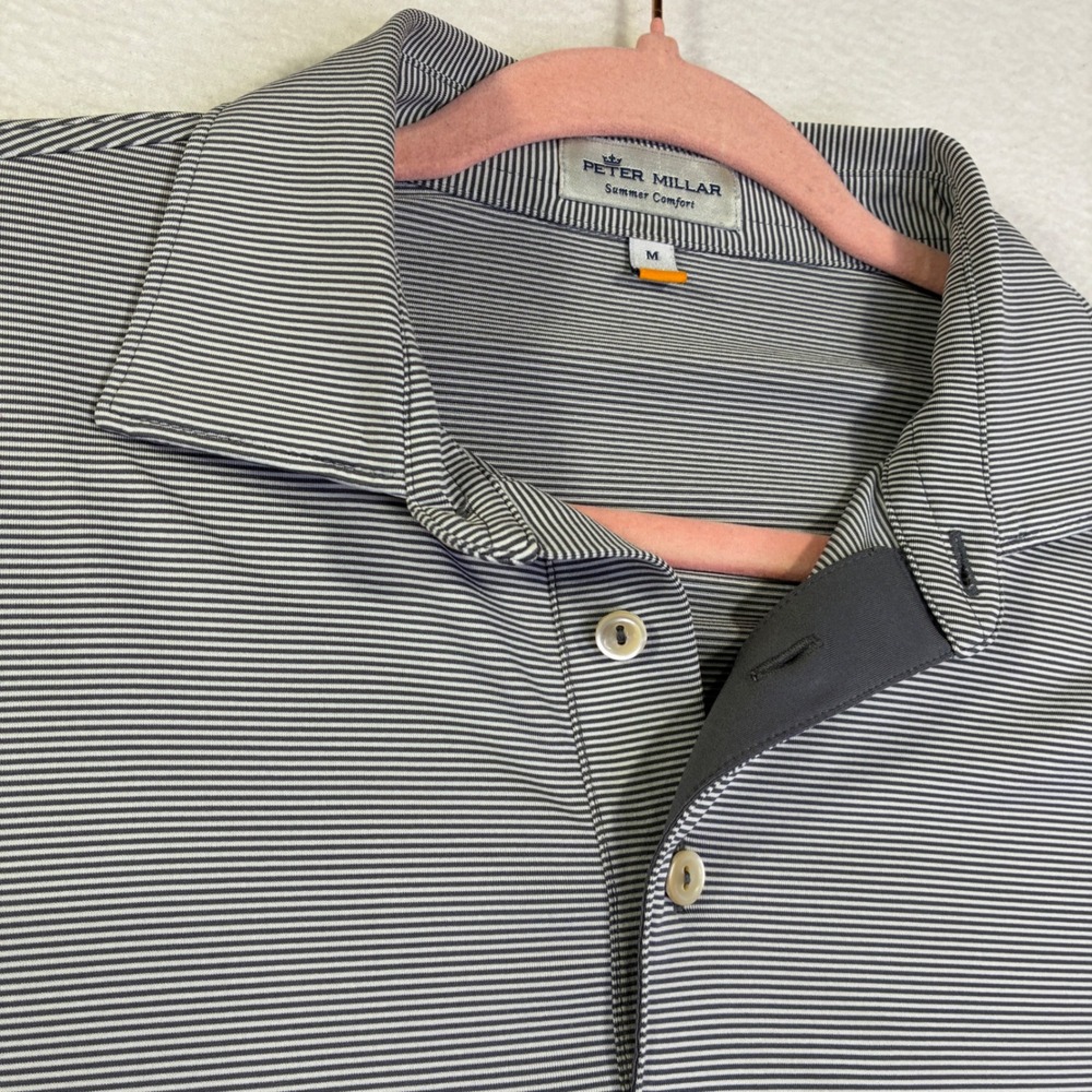 Peter Millar Summer Comfort Mens Medium Polo Shirt Grey White Stripe S/S